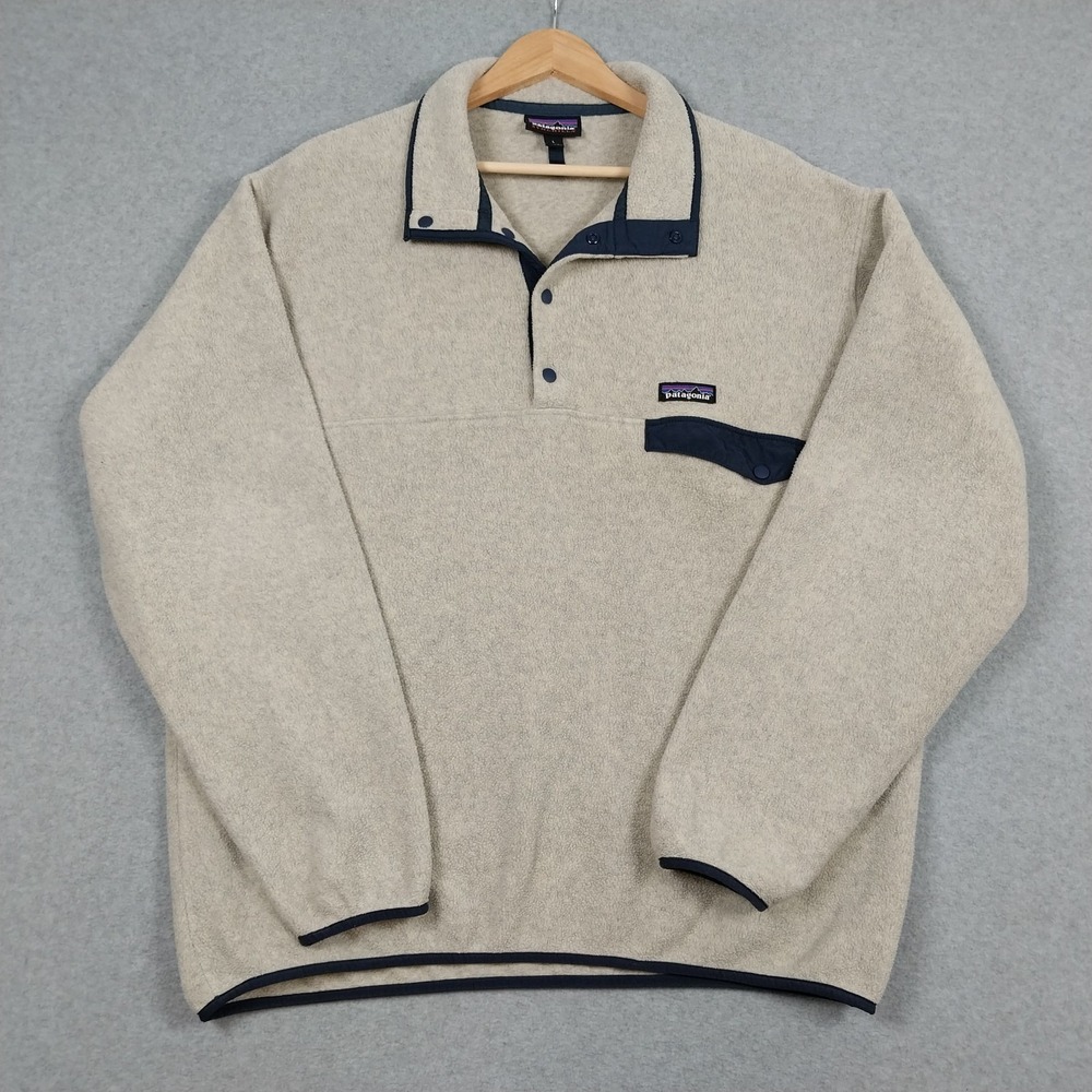 Patagonia Synchilla Mens Large Oatmeal Snap T Pullover Sweater Fleece Hiking